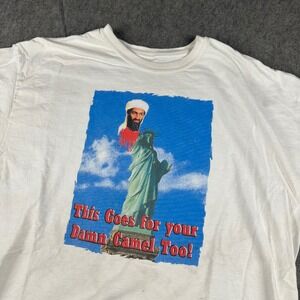 VTG Osama Bin Laden Statue of Liberty Men's XL Tee Shirt USA Graphic Camel Flaws